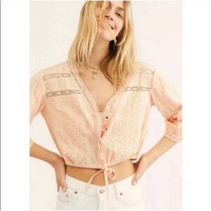 Free People Follow Your Heart Crochet Embroidered Peasant Boho Top Pink Medium